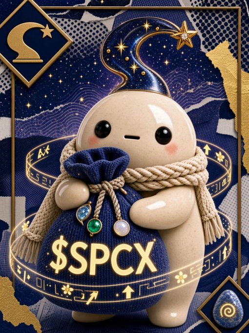 A digital artwork of a cute, round character holding a blue knitted bag labeled '$SPCX', wearing a sweater and scarf, set against a starry blue background with mystical runes.