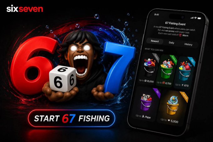 A promotional graphic for 'six seven' featuring a 67 Fishing Event app interface with various bait/coin options (Worm, Pepe) and a stylized character holding dice showing 6-6-6.