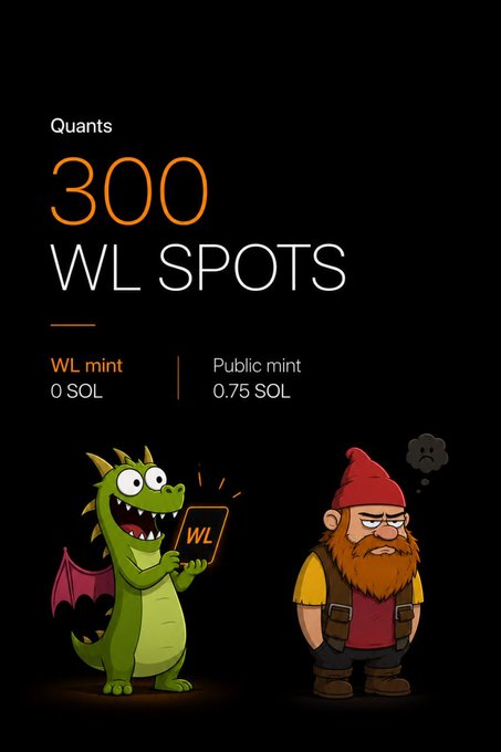 Cryptocurrency NFT mint announcement displaying 'Quants 300 WL SPOTS' with 'WL mint 0 SOL' and 'Public mint 0.75 SOL', featuring cartoon mascots of a green dragon holding a 'WL' sign and an angry dwarf character.