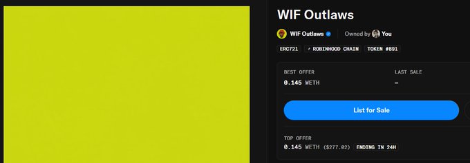 A digital marketplace listing for the NFT collection "WIF Outlaws" (ERC721 on Robinhood Chain, Token #891), showing a best offer of 0.145 WETH and a "List for Sale" button.