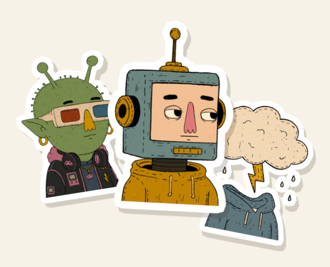 Three quirky cartoon character stickers are displayed on a cream background: a green-skinned alien with 3D glasses and headphones, a square-headed robot in a yellow hoodie, and a brooding storm cloud raining onto an empty blue hoodie.