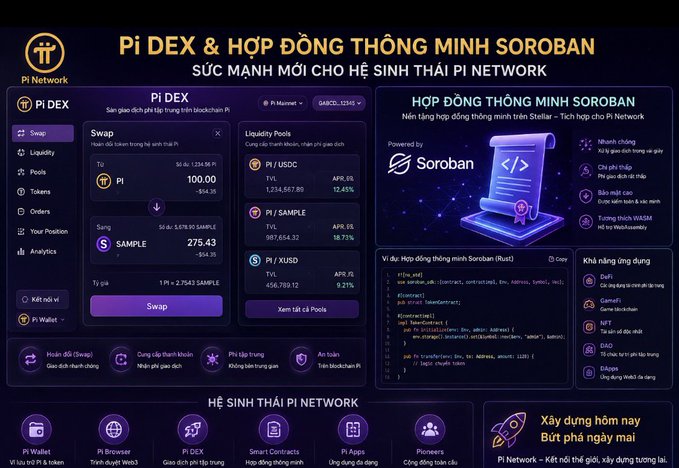 A promotional infographic for 'Pi DEX & HỢP ĐỒNG THÔNG MINH SOROBAN' on the Pi Network, featuring a swap interface showing a Pi/SAMPLE exchange rate of 275.43, liquidity pool statistics, and details about the Soroban smart contract platform.