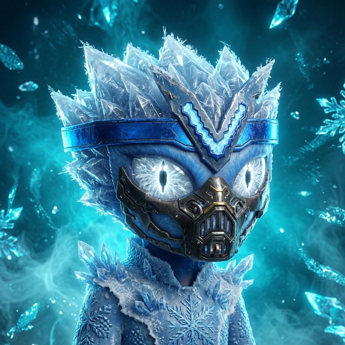 The image features a blue-haired, blue-eyed monster with a mask that looks like a snowman's hat or a dragon's head. The monster has a face with two eyes and a nose, giving it an interesting appearance. The background of the image is filled with numerous ice crystals, creating a visually striking contrast between the monster and its surroundings. The caption to the image reads: "How clean?! @voids_eth #LFVoids".