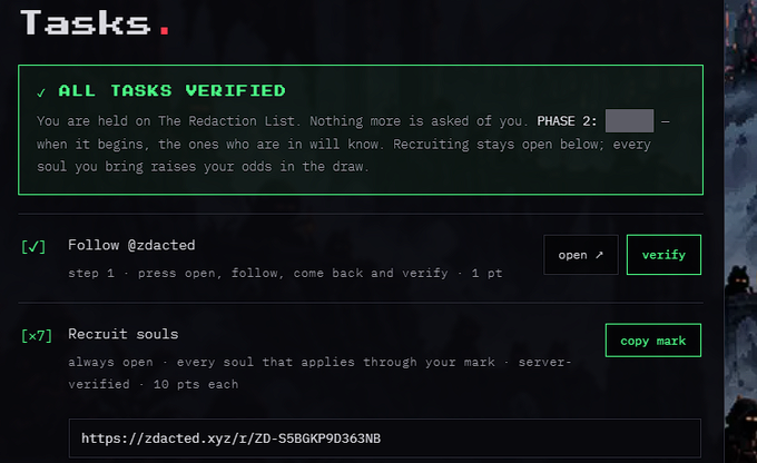 A tasks page showing "ALL TASKS VERIFIED" on The Redaction List, with instructions to follow @zdacted and recruit souls for points, linking to zdadct.xyz.