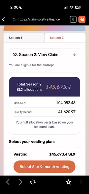 A mobile screenshot from claim.solstice.finance showing a Season 2 airdrop claim for 145,673.4 SLX tokens with options to select a 6 or 9 month vesting plan.