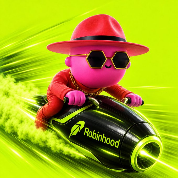 3D-rendered illustration of a pink character wearing a red fedora, gold chain, and hexagonal sunglasses riding a black and green Robinhood rocket with a neon green background.
