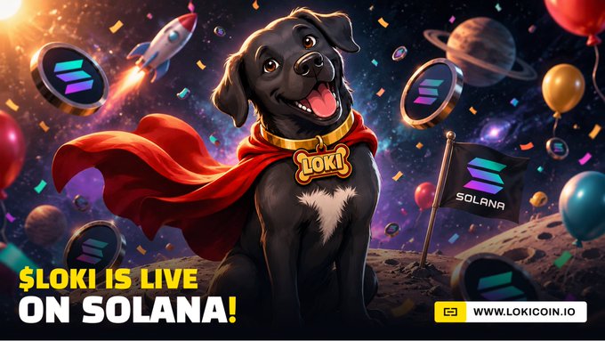 A vibrant promotional graphic featuring a black dog wearing a red superhero cape and a "LOKI" tag, set against a cosmic space backdrop with planets, a rocket, balloons, and Solana coin imagery, with bold text reading "$LOKI IS LIVE ON SOLANA!" and the website "WWW.LOKICOIN.IO" displayed alongside a Solana flag.
