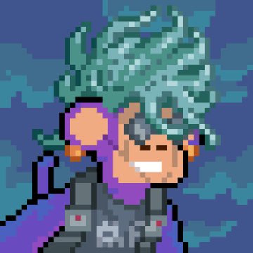 A pixel art illustration of a character with spiky blue hair, sunglasses, and a dark jacket against a blue background.