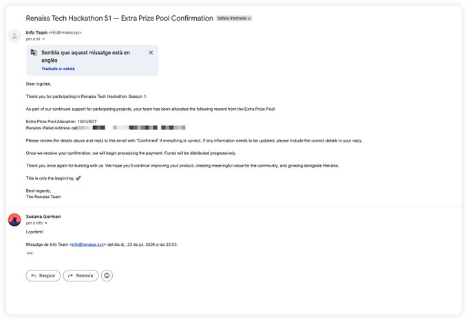 An email titled 'Renais Tech Hackathon S1 – Extra Prize Pool Confirmation' addressed to tngriene, allocating 100 USDT to a partially redacted Renais Wallet Address, with a translation pop-up from Spanish to Catalan and a confirmation reply from Susana Garman.