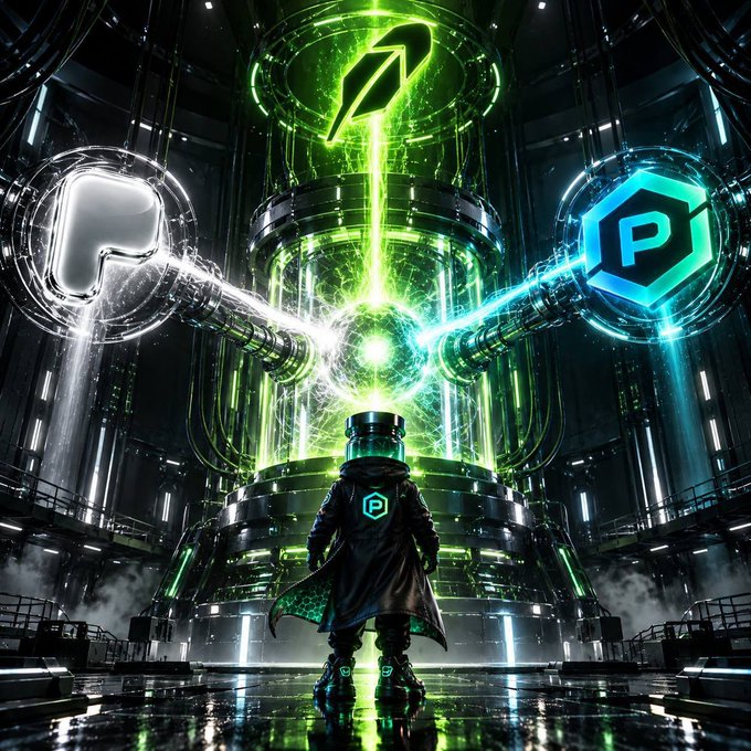 A futuristic sci-fi scene showing a figure in a dark coat standing before a glowing green energy reactor, flanked by floating holographic icons.