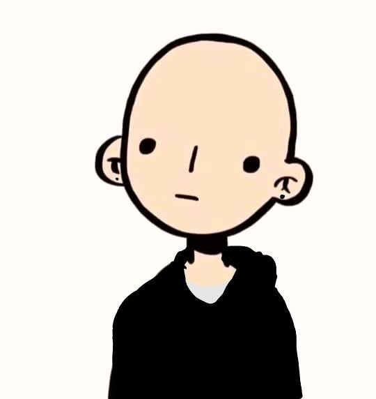 Minimalist cartoon illustration of a bald figure in a black hooded sweatshirt with small cross tattoos on both ears, depicted with a neutral expression on a plain white background.