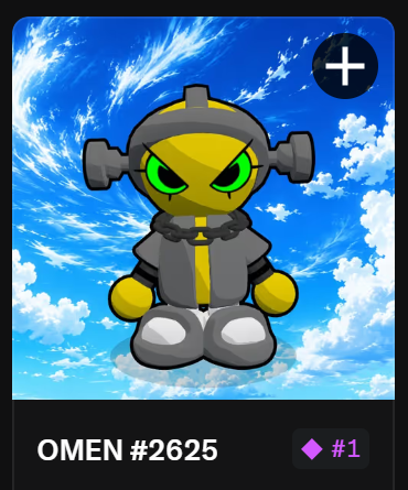 An NFT character called 'OMEN #2625' depicted as a yellow-headed figure in a dark outfit with spiked headgear against a blue sky background, marked as #1 with a verification checkmark.