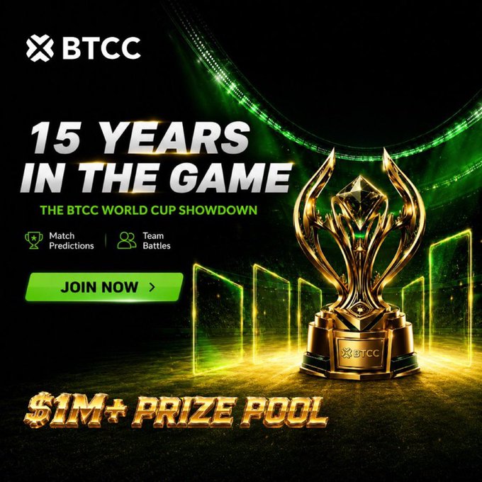 In the image, a golden trophy sits prominently next to an advertisement for a betting pool that offers a 3M+ prize pool to join. The scene appears to be a celebration of 15 years at the world cup as indicated by the green banner behind the gold trophy. The text on this banner states "15 years in the game", suggesting a 15-year duration for the event or project featured in the betting pool advertisement.