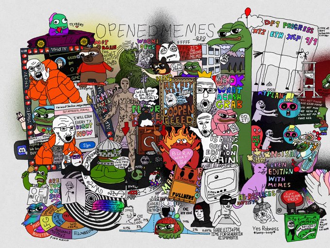 A chaotic, densely packed collage illustration featuring numerous cartoon characters, meme references, and text including 'OPENEDMEMES 2025', 'WOAH!', 'PEPE', various Pepe the Frog variations, and references to 'Yes Theory', 'PEPE NOIS', and 'OPEN EDITION WITH MEMES' by artist Yes Robotics.