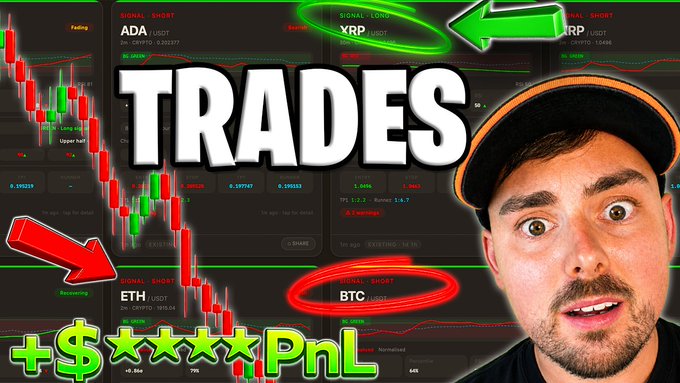 A YouTube thumbnail shows a surprised man wearing an orange and black cap alongside a trading interface displaying "TRADES" in large text, with XRP, ETH, and BTC tickers circled, and "+$★★★PnL" at the bottom—promoting new crypto trading products featured in the linked video.