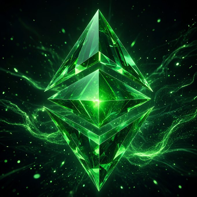 A glowing green Ethereum logo depicted as a crystalline geometric shape against a dark background with swirling energy effects.