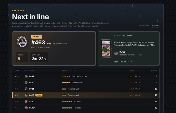 A webpage screenshot for 'THE RAIN' showing a 'Next in line' queue interface with position #463, an early build bonus, a weight of 8, and a delivery timer of 3m 22s, along with a list of other members in the queue.