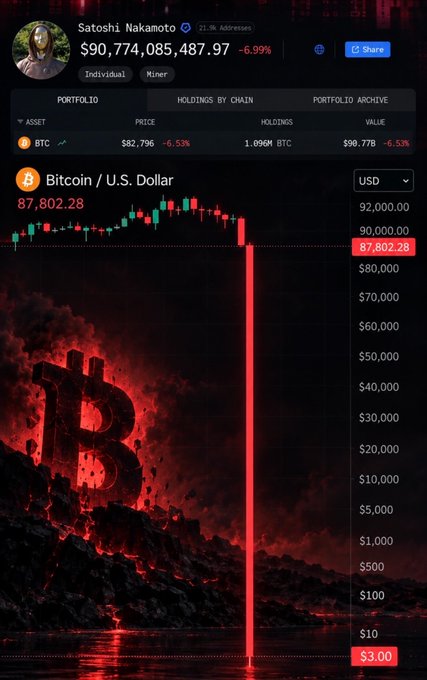 A cryptocurrency portfolio screenshot showing 'Satoshi Nakamoto' with a balance of $90,774,085,487.97 (-6.99%), alongside a candlestick chart for Bitcoin (BTC) against the U.S. Dollar at 87,802.28.