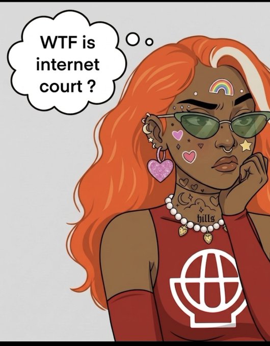 A cartoon illustration of a young woman with orange hair and sunglasses wondering 'WTF is internet court?' with a globe logo on her red shirt.