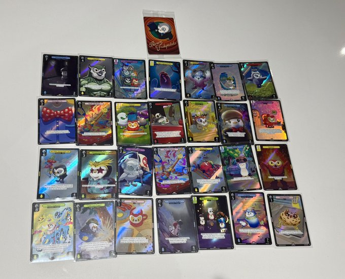 The image displays a collection of holographic "Barry the Bucktoad" trading cards, with a top card showing "Barry & Friends" in cursive. This relates to the post asking about the rarity and valuable cards within the pulled holos.