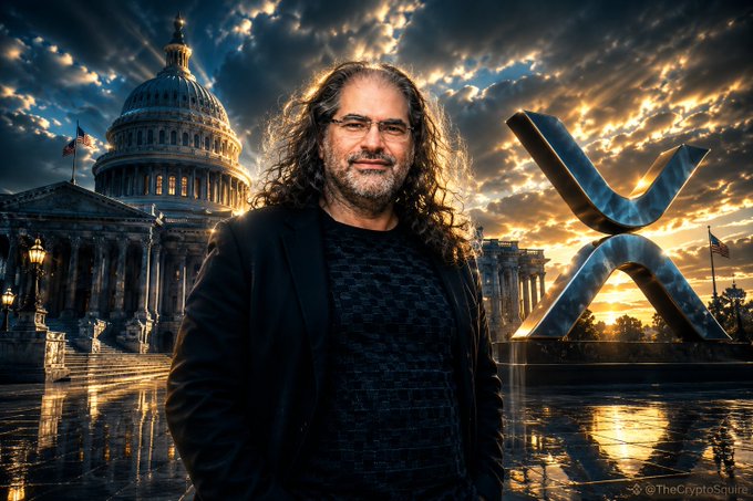 The image features David Schwartz, Ripple's CTO, standing in front of the U.S. Capitol with a large XRP logo beside him under a dramatic sunset sky. This visual reinforces the post's message about frustration with the stalled CLARITY Act, highlighting the crypto industry's growing impatience as even Ripple's leadership publicly criticizes the legislative delay.
