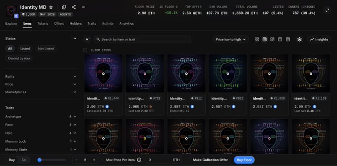 A screenshot of a cryptocurrency NFT marketplace showing a collection called 'Identity MD' with various items priced in ETH.