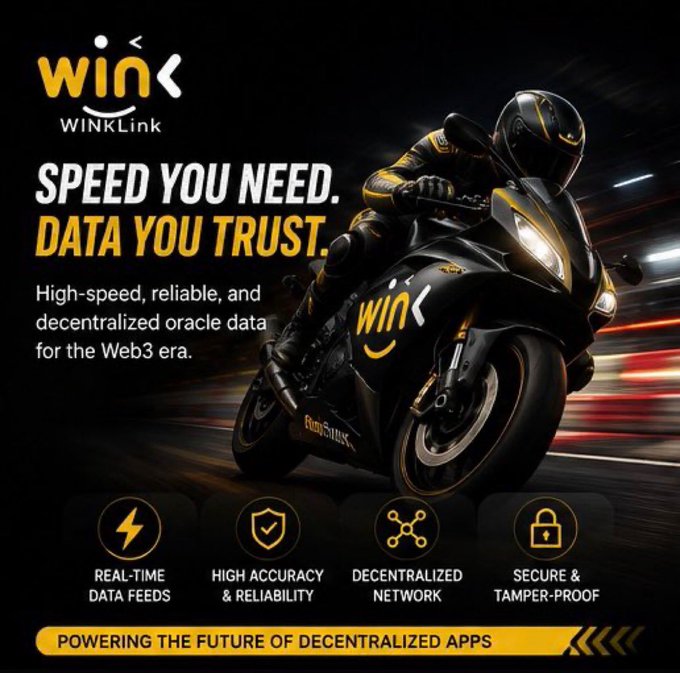 A WINKLink promotional advertisement featuring a motorcyclist in black and yellow gear on a sportbike, with the tagline 'SPEED YOU NEED. DATA YOU TRUST.' promoting high-speed, decentralized oracle data with features: Real-Time Data Feeds, High Accuracy & Reliability, Decentralized Network, and Secure & Tamper-Proof.