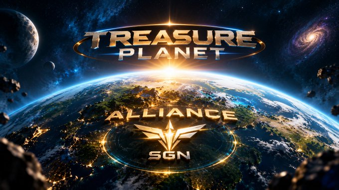 A vibrant digital poster for 'TREASURE PLANET ALLIANCE' with a glowing 'SGN' logo, featuring Earth, planets, asteroids, and a galaxy in the background.