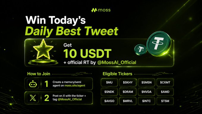 A green promotional banner for 'moss' advertising 'Win Today's Daily Best Tweet' to get 10 USDT, listing eligible tickers including $MU, $SKHY, $MSSN, $CXMT, $SNDK, $DRAM, $NVDA, $AMD, $AVGO, $MRVL, $INTC, and $TSM.