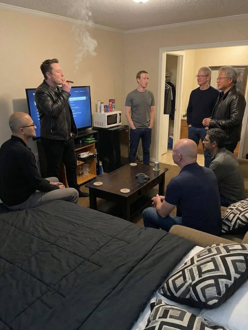 A group of men, including Elon Musk, gather in a hotel room watching someone vape while Mark Zuckerberg and another man stand in a doorway.