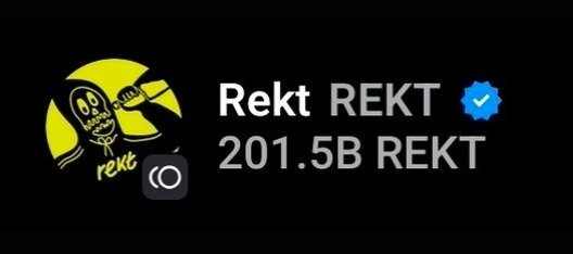 A cryptocurrency social media profile featuring a yellow skull logo with the text 'Rekt' and the username 'Rekt REKT' alongside a holdings display of '201.5B REKT' and a verified blue checkmark.