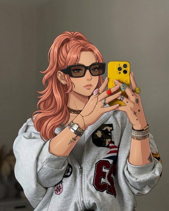 An anime-style illustration of a pink-haired woman wearing black sunglasses and a gray zip-up hoodie takes a selfie with a yellow smartphone, adorned with multiple rings, bracelets, and star tattoos.