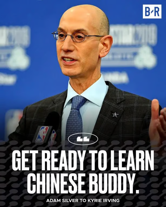 NBA Commissioner Adam Silver speaking at a podium with a Bleacher Report quote graphic reading 'GET READY TO LEARN CHINESE BUDDY.'