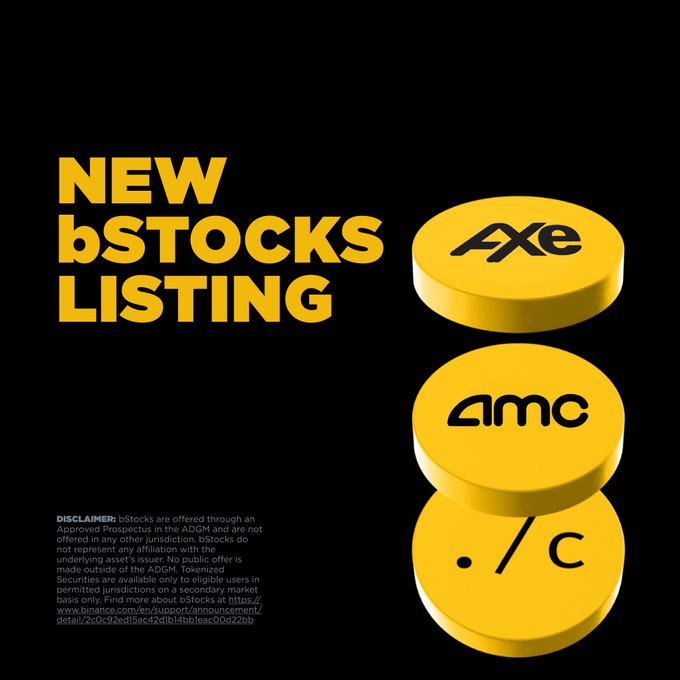 A promotional graphic for bStocks' new listings, featuring three yellow coin-like icons displaying the tickers **AXE**, **AMC**, and **/C** alongside bold yellow text reading "NEW bSTOCKS LISTING" on a black background, with a disclaimer about the securities at the bottom. The image visually announces the three new bStocks (AGPUB, AMCB, CYPHB) added to the platform across AI & Compute, Entertainment, and Digital Assets sectors.