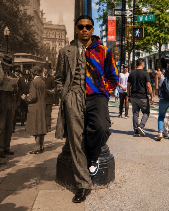 A man in sunglasses and a split-style outfit—half gray suit, half colorful patterned hoodie—leaning against a lamppost on a city street near 'W 4 St'.
