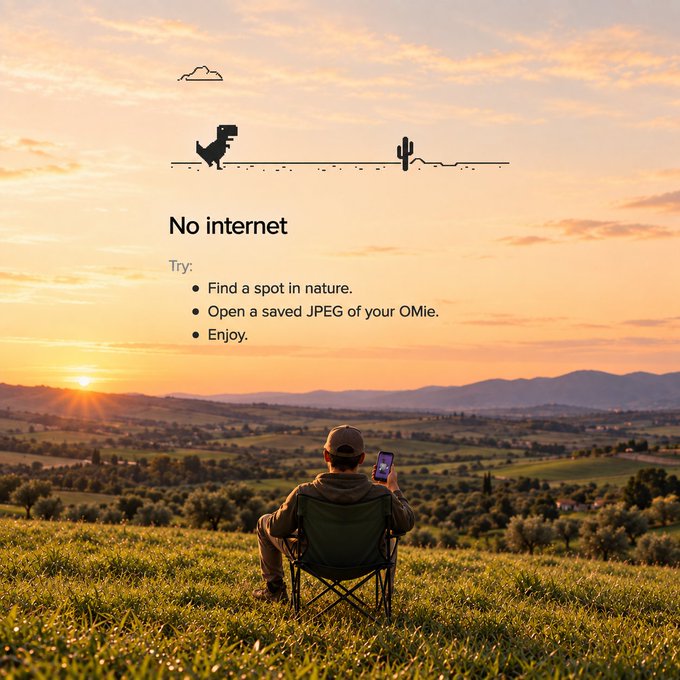 A person sitting on a folding chair in a grassy field at sunset, holding up a phone displaying a 'No internet' dinosaur error screen with suggestions: 'Find a spot in nature,' 'Open a saved JPEG of your Omlie,' and 'Enjoy.'