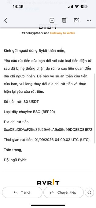 The screenshot shows a Bybit notification email in Vietnamese informing a user that their withdrawal request of 80 USDT via BSC (BEP20) to address 0xeDBcf3DAcf2ffe37d29A6cA9e05d99DC8BC81E72 has been blocked due to risk concerns, advising them to change the receiving address and resubmit. This visually illustrates the accompanying post's warning about Bybit tightening withdrawal address verification, showing how even a small 80 USDT transfer can be flagged and blocked if the destination wallet is marked as high risk.