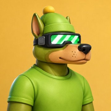 A 3D-rendered green dog character wearing a green hat and green sunglasses against a yellow background.