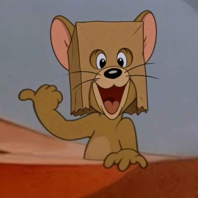 An animated scene showing Jerry from Tom and Jerry wearing a brown paper bag on his head, smiling and giving a thumbs-up gesture.