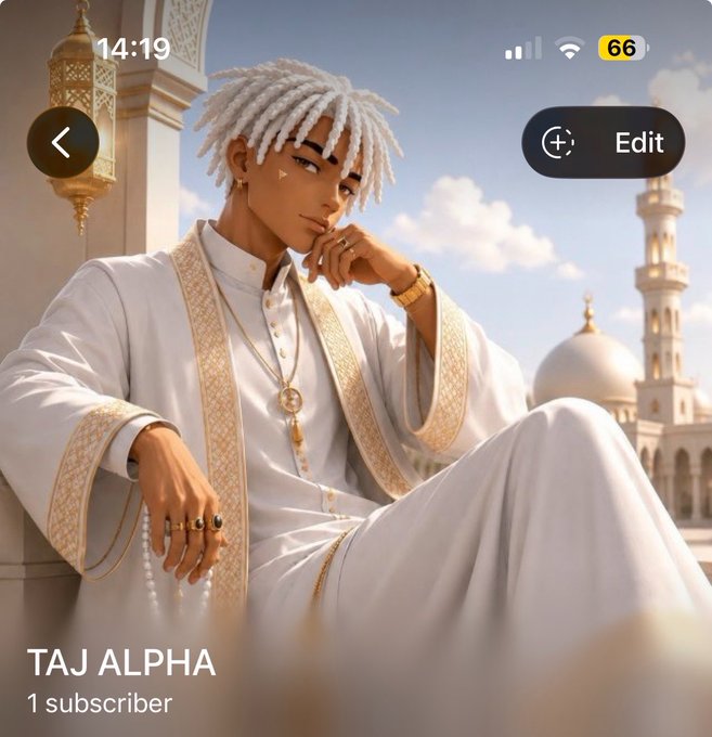 A stylized anime-style illustration of a young man with white dreadlocks in traditional white and gold attire holding prayer beads, with "TAJ ALPHA - 1 subscriber" displayed at the bottom, promoting the creator's new Telegram channel where he's sharing updates and alpha opportunities alongside a giveaway.