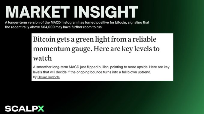A market insight graphic from SCALPX featuring a news excerpt titled "Bitcoin gets a green light from a reliable momentum gauge. Here are key levels to watch" by Omkar Godbole, noting that a longer-term MACD histogram turning positive above $64,000 suggests potential further upside for BTC.