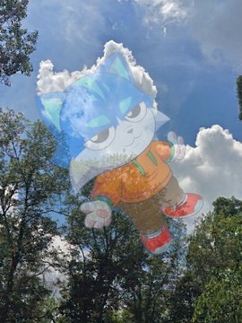 A surreal image displays the cartoon cat mascot "Toshi" with blue and white fur, an orange shirt, and red sneakers, blended into a sky filled with clouds above tree tops. The image playfully reinforces the post's message that the $TOSHI token's face is appearing "everywhere," turning the meme into a cloud-like apparition in the sky.