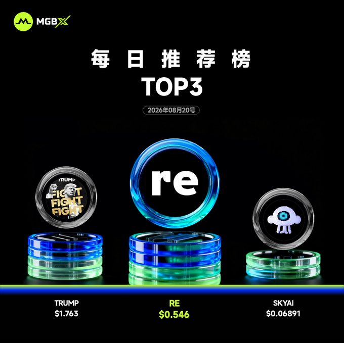A promotional graphic titled '每日推荐榜 TOP3' (Daily Recommendations Top 3) dated 2026年08月20号, featuring MGBX logo and three crypto tokens on pedestals: TRUMP ($1.763), RE ($0.546), and SKYAI ($0.06891).