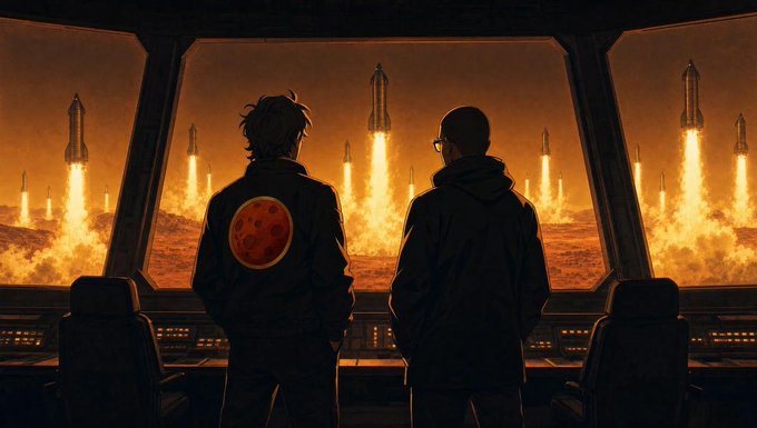 Two silhouetted figures stand in a control room overlooking a desert landscape where numerous rockets are launching into an orange sky; one figure wears a jacket with a red planet/moon emblem on the back.