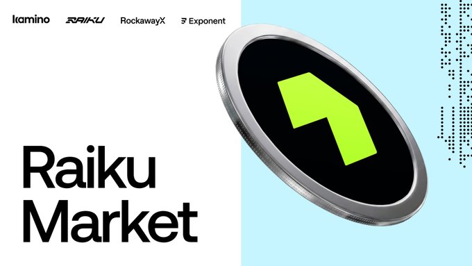 The image features a white background with a black and green logo for the Raiku Market. The logo displays an arrow pointing upwards, indicating that the market is live and active. Below the logo, there are descriptions of the market's offerings, including "SOL exposure" and "rkuSOL'S validator yield in a fully isolated market with its own risk parameters." This information suggests that the Raiku Market offers unique investment opportunities for those interested in leveraging Sol exposure to generate returns.