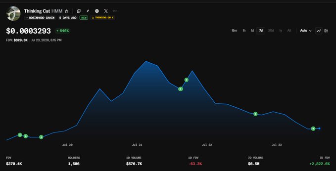 A Robinhood Chain price chart for "Thinking Cat | HMM" shows the token at $0.0003293, up 646%, with a 7-day FDV of $329.3K and a notable dip in the chart as the user added more HMM on the decline, backing their bullish conviction in the meme coin.