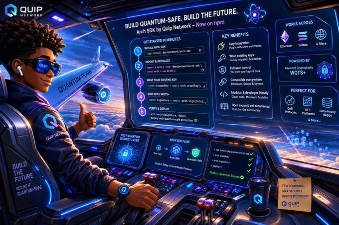 The image features an illustration of a person wearing sunglasses and giving a thumbs up while sitting inside a spaceship cockpit. The background shows a blue sky with clouds, creating a futuristic atmosphere. In the foreground, there are instructions for building a quantum safe application using the Arch SDK on npm.