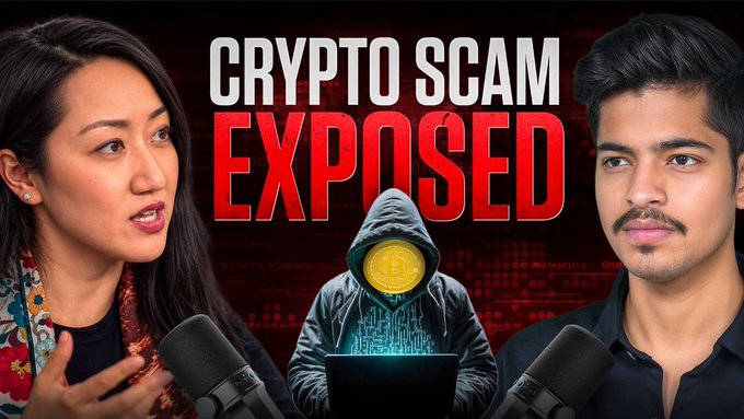 A YouTube thumbnail featuring two people with microphones on either side, a hooded figure holding a glowing Bitcoin coin in the center, and bold red and white text reading "CRYPTO SCAM EXPOSED" against a dark digital background, promoting an upcoming livestream interview with Binance CMO Eowyn Chen on the Sujal Show.
