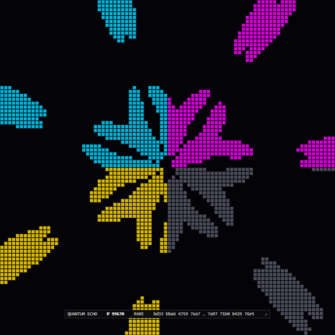 A digital artwork displaying a central starburst pattern composed of small colored squares in cyan, magenta, yellow, and gray, surrounded by matching separated shapes on a black background, with the text 'QUANTUM ECHO # 99670 RARE' and price details 'bd33 bbac 4759 7aa7 _ 7a97 71ba b429 76e5'.
