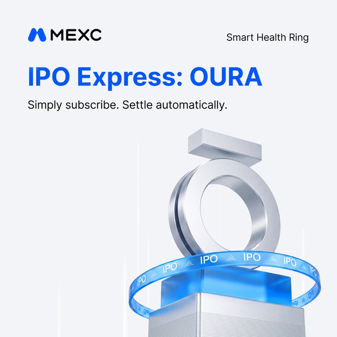 A MEXC promotional graphic for "IPO Express: OURA" featuring a 3D silver ring sculpture encircled by a blue ribbon displaying repeating "IPO" text, advertising a subscription-based product with the tagline "Simply subscribe. Settle automatically." tied to the Oura Smart Health Ring's post-listing performance, with subscriptions opening September 25 at 10:00 UTC.
